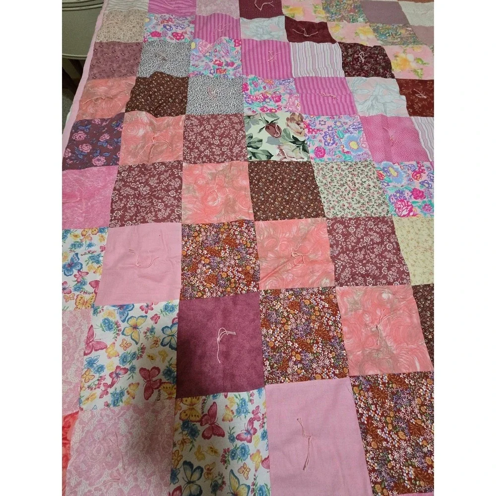 New Handmade Patchwork Quilt Pink Floral Butterflies Queen Bedding Cover /0190‎